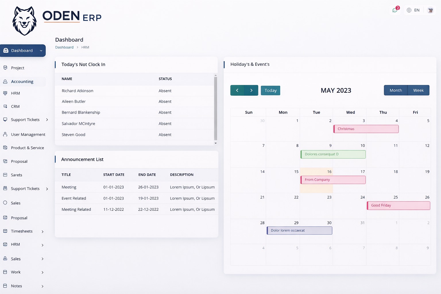 ODEN ERP HRM Dashboard